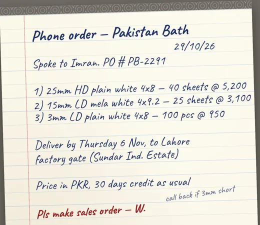 Photo of a handwritten phone order